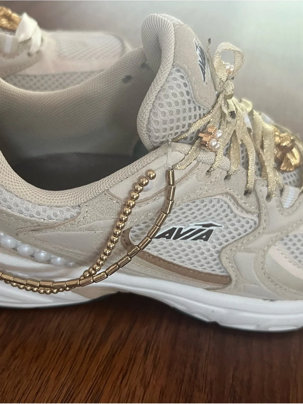 Custom designed Avia Women's Cream and Gold Sneakers